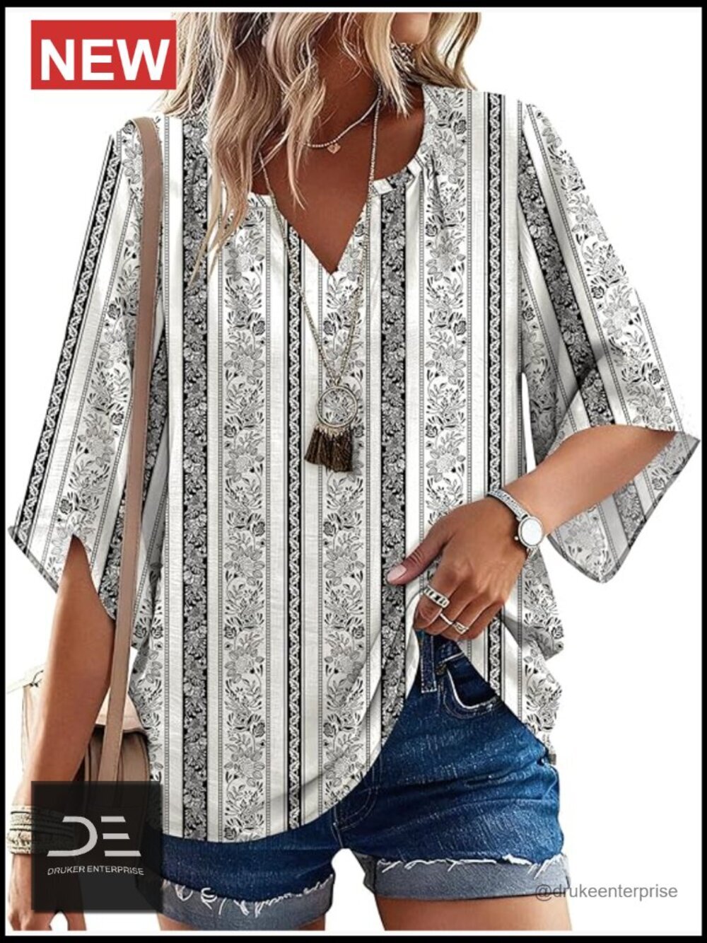 Boho 3/4 Sleeve V Neck Tunic Blouse Peasant Top Loose Fit S-3XL